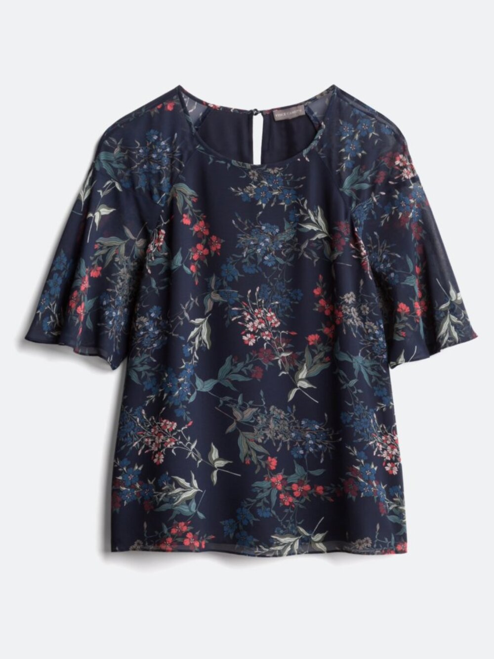 Worn Once! Vince Camuto Iniya Navy Floral Flutter Sleeve Blouse | Size Medium